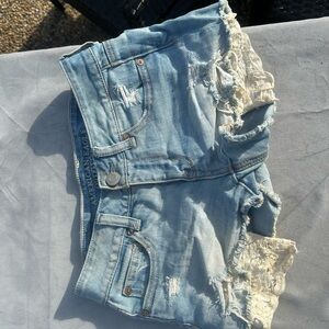 American Eagle Outfitters Blue and White Jean Shorts with Lace Trim